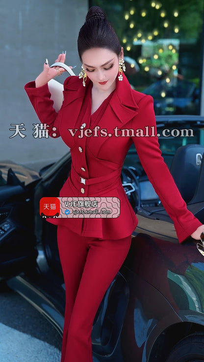 VJE Jacket High-Waisted Flared Pants Two-Piece Set - DAMO.