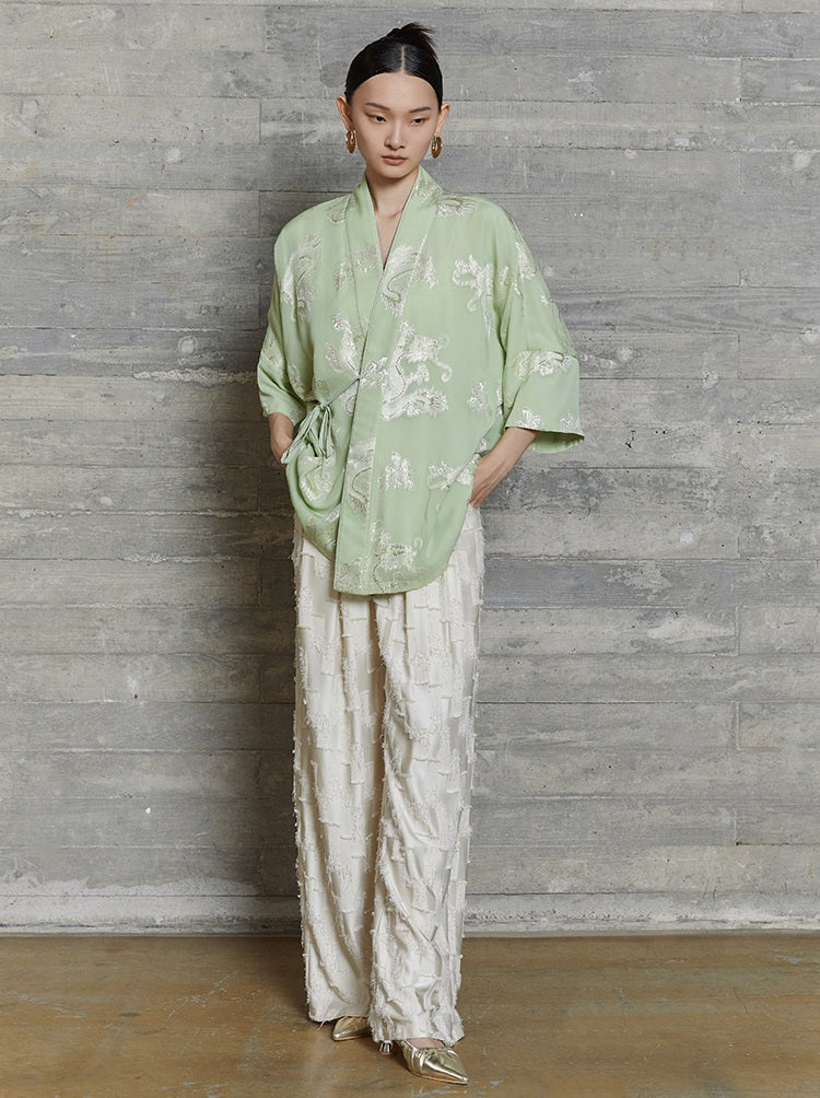 HECO jacquard loose thin wide-leg high waisted black pink apricot PANTS women - PURPOSE.