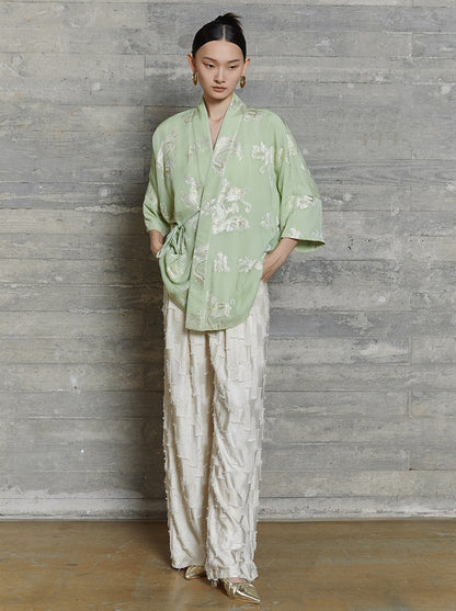 HECO jacquard loose thin wide-leg high waisted black pink apricot PANTS women - PURPOSE.