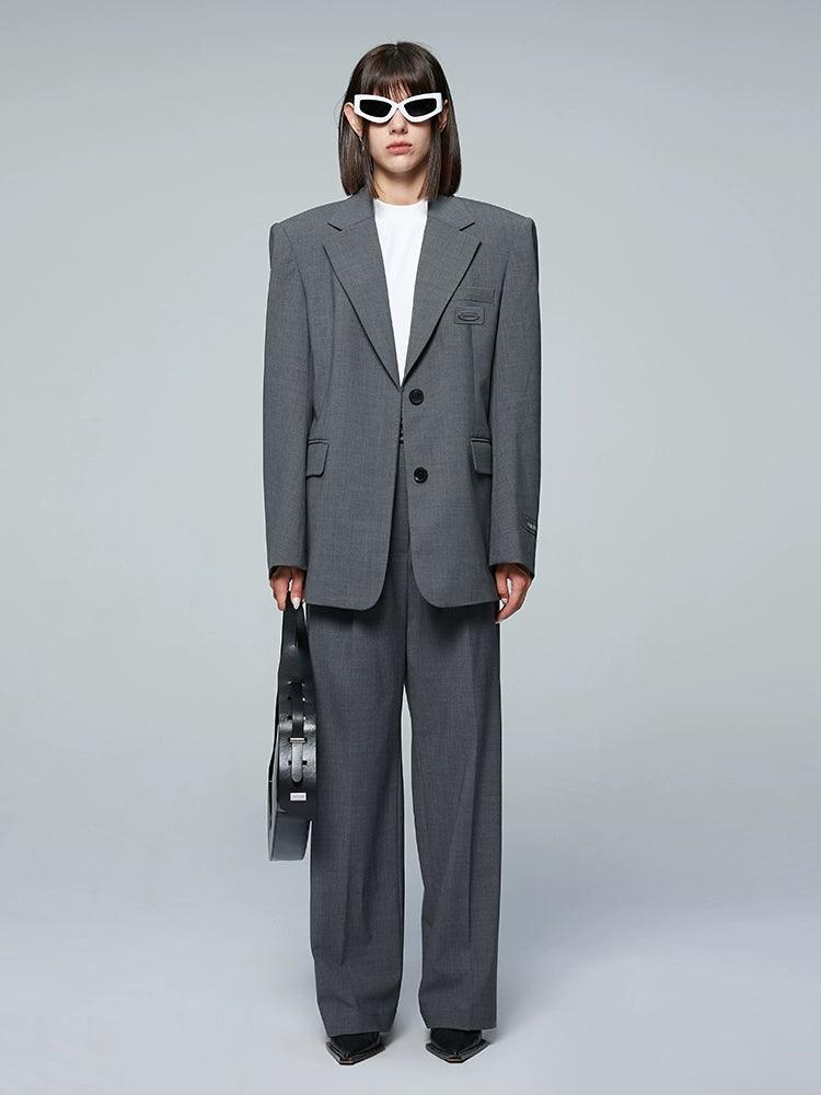 ANNAKIKI designer gray wool elastic waist wide-leg casual trousers-UZUMAKI