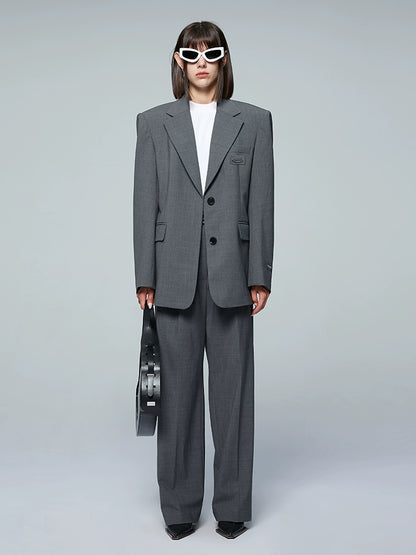 ANNAKIKI designer gray wool elastic waist wide-leg casual trousers-UZUMAKI