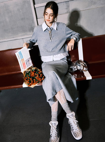 CHICHY Lazy Casual Gray Two-Piece Sporty Style Skirt-KILLUA