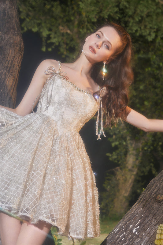 Wardrobes by Chen Elegant Off White beige Square Collar Sleeveless lace cocktail Dress-Hilda