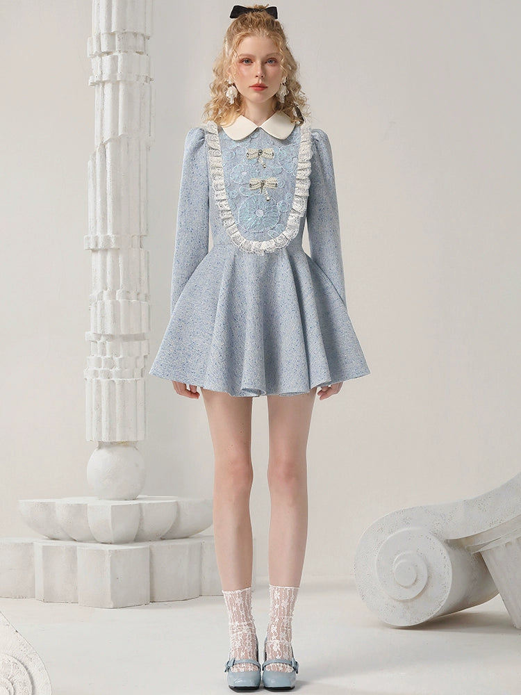 CHECOCRE Elegant Contrasting Lace Short Blue Dress Sweet Doll Collar - PUR