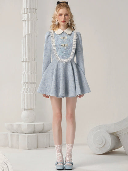 CHECOCRE Elegant Contrasting Lace Short Blue Dress Sweet Doll Collar - PUR