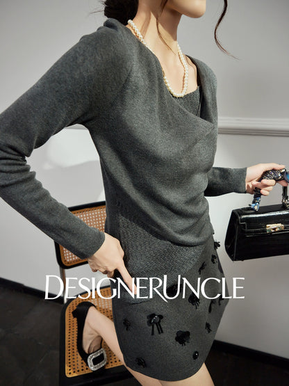 DGU "Ye Ni" gray wool knitted sweater versatile commuter slimming design top - Dylan.