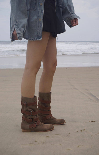 B-FEI Vintage Belt Buckle Denim Stack Boots- OKRE.