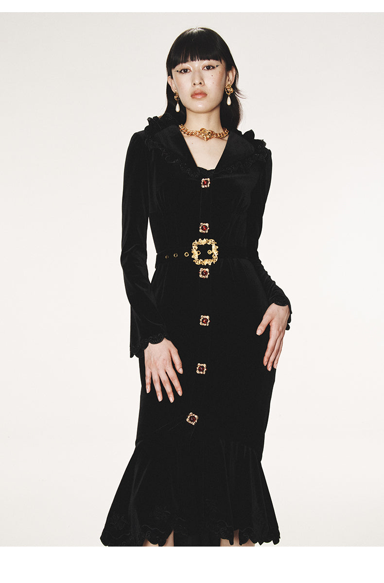 FAME Court Gold Black Velvet Waist black dress - Tyiow