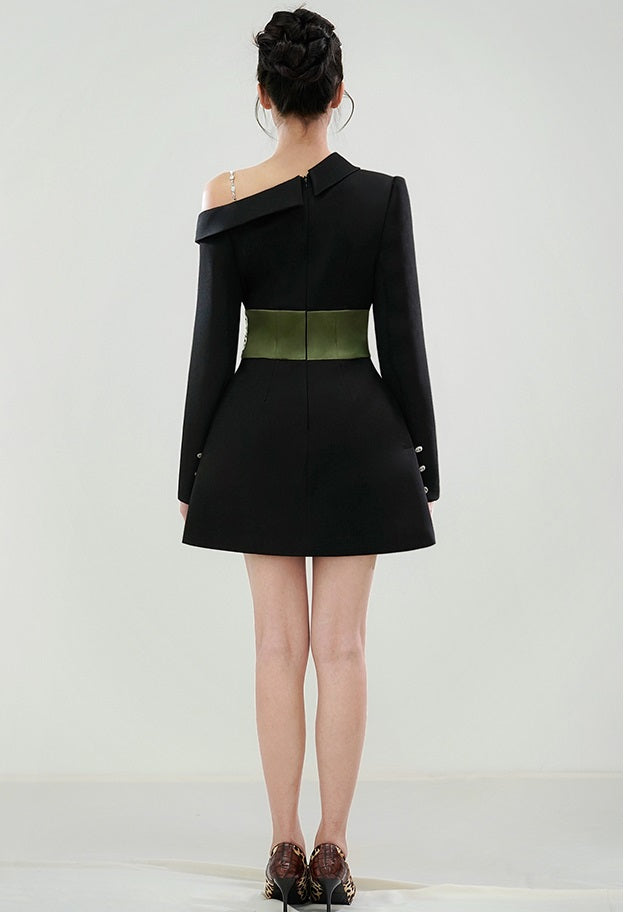 CHECOCRE Stunning Irregular Design Sense Waist Cinched Thin A-line Black Dress - VESTAGE