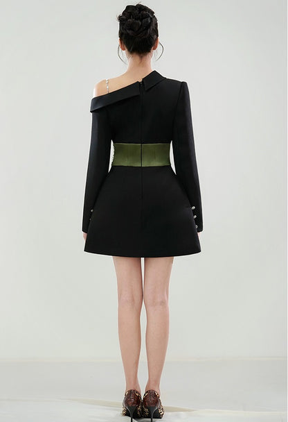 CHECOCRE Stunning Irregular Design Sense Waist Cinched Thin A-line Black Dress - VESTAGE