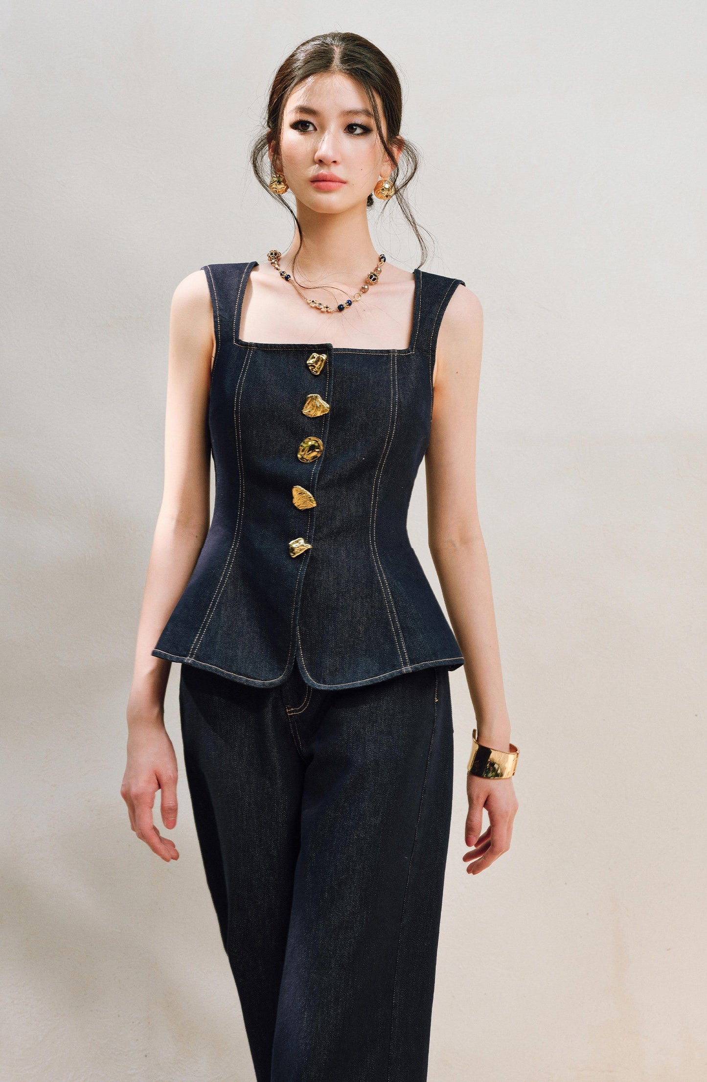 WANGXO | Light-Breathing Tencel Cotton Custom Metal Buckle Vest & Wide-Leg Pants Retro Denim Suit-YARA