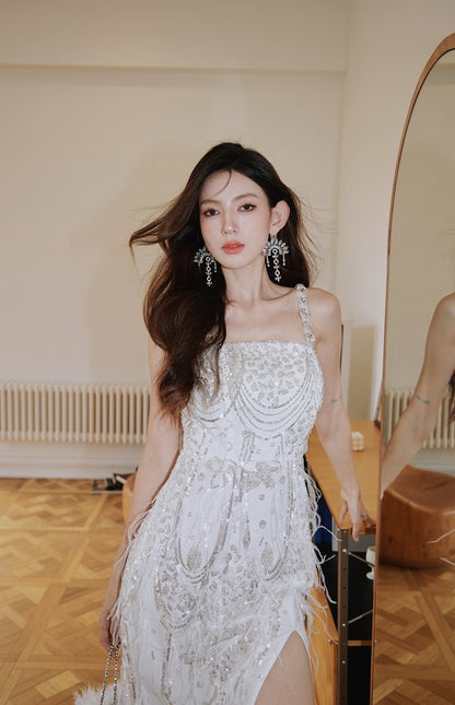 DOLLY Luxury White French Style Sleeveless Sequin Embroidered Long Slit Party Dress-Dalia