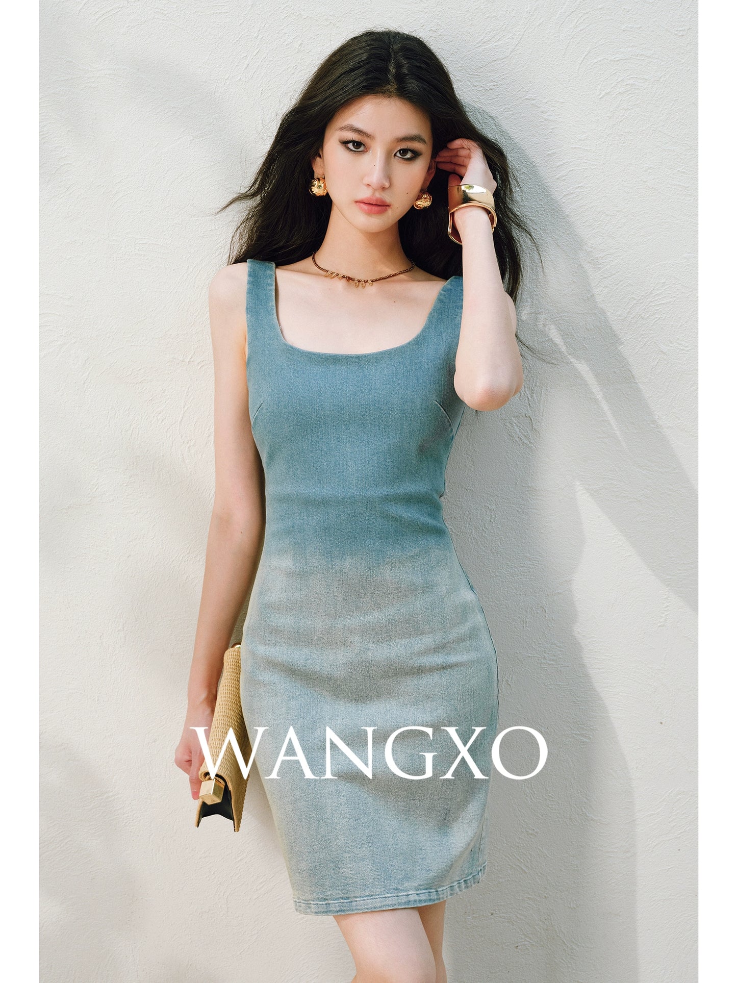 WANGXO |Long-Staple Cotton Neckline and Waist-Cinched Cropped Denim Dress -LANA