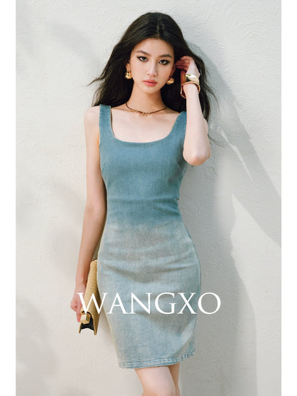 WANGXO |Long-Staple Cotton Neckline and Waist-Cinched Cropped Denim Dress -LANA