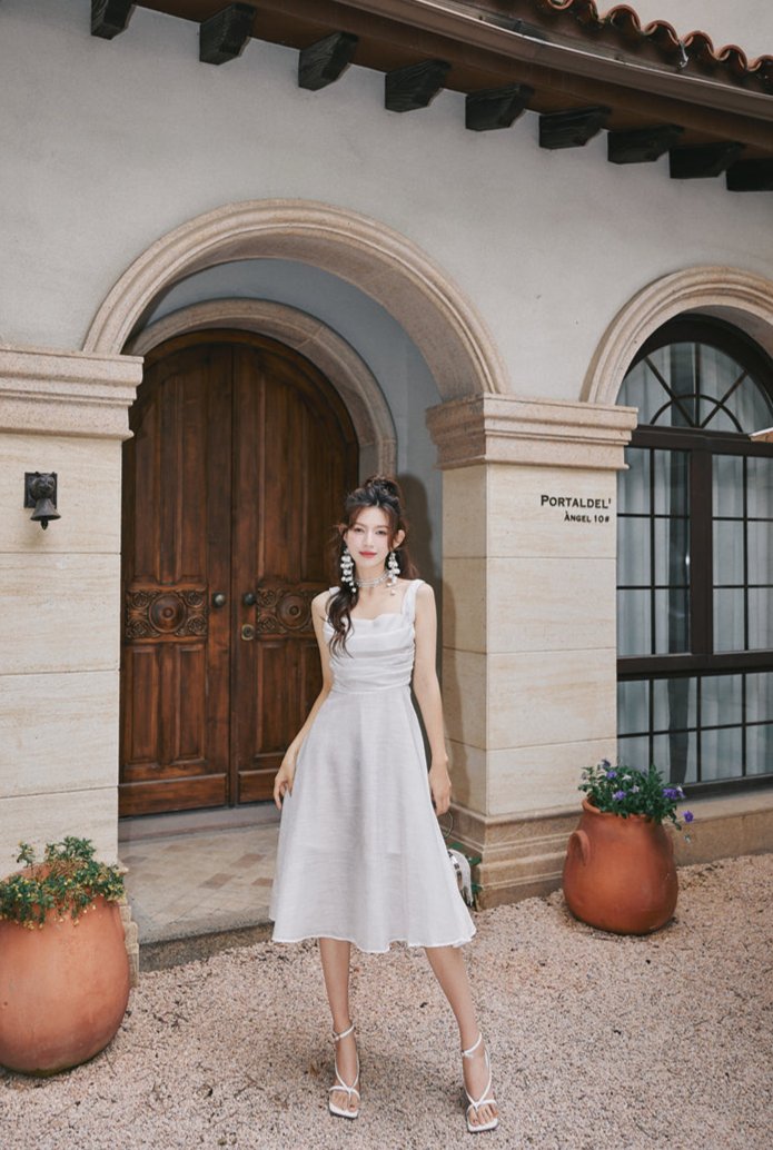 DOLLY Luxury White Retro Style Sleeveless Pleated Midi Suspender Dinner Dress-EUDORA