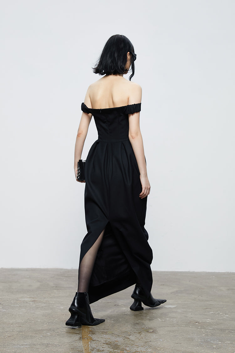 ANNAKIKI Niche Party Red Carpet Black V-Neck Bandeau Dress-CHAPELLE