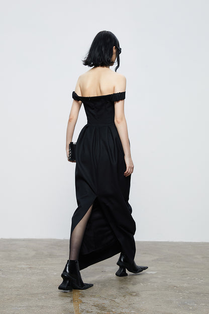 ANNAKIKI Niche Party Red Carpet Black V-Neck Bandeau Dress-CHAPELLE