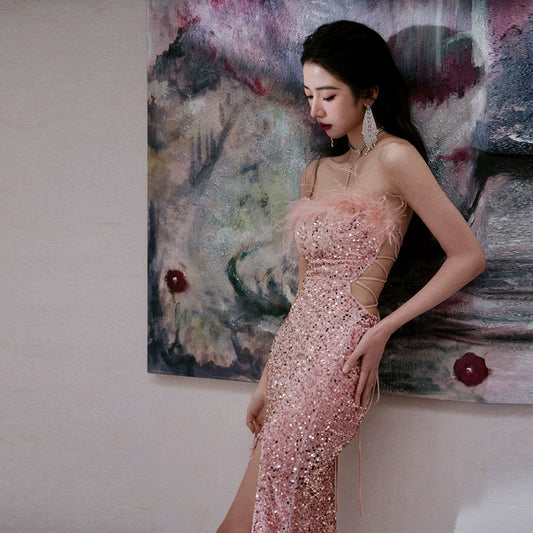 DOLLY Elegant Glitter Sleeveless Sequin Long Banquet Slit Dress-KALISTA (V)