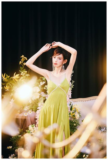 DOLLY Elegant Green V-Neck Sleeveless Slim Fit Backless Slit Resort Dress-JUN