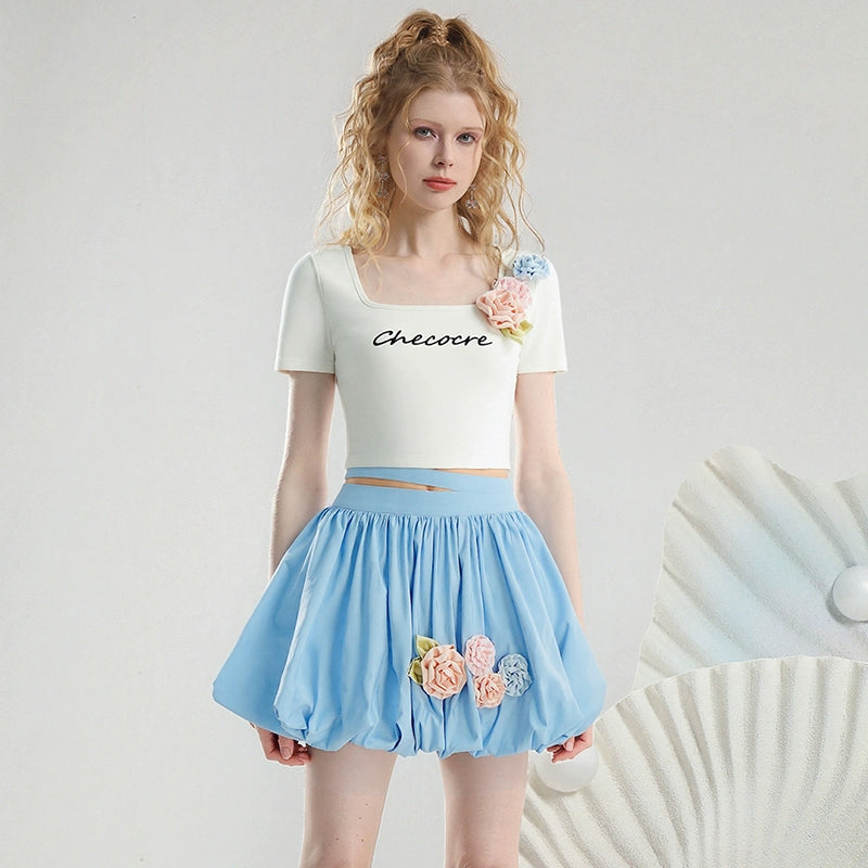 CHECOCRE summer fresh and cute color three-dimensional flower short sleeve T-shirt hood skirt - VAY.