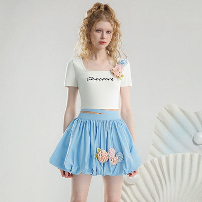 CHECOCRE summer fresh and cute color three-dimensional flower short sleeve T-shirt hood skirt - VAY.