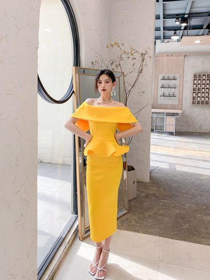 DOLLY High End Off Shoulder Peplum Tube Top Slim Fit Wedding Guest Dress-HANS