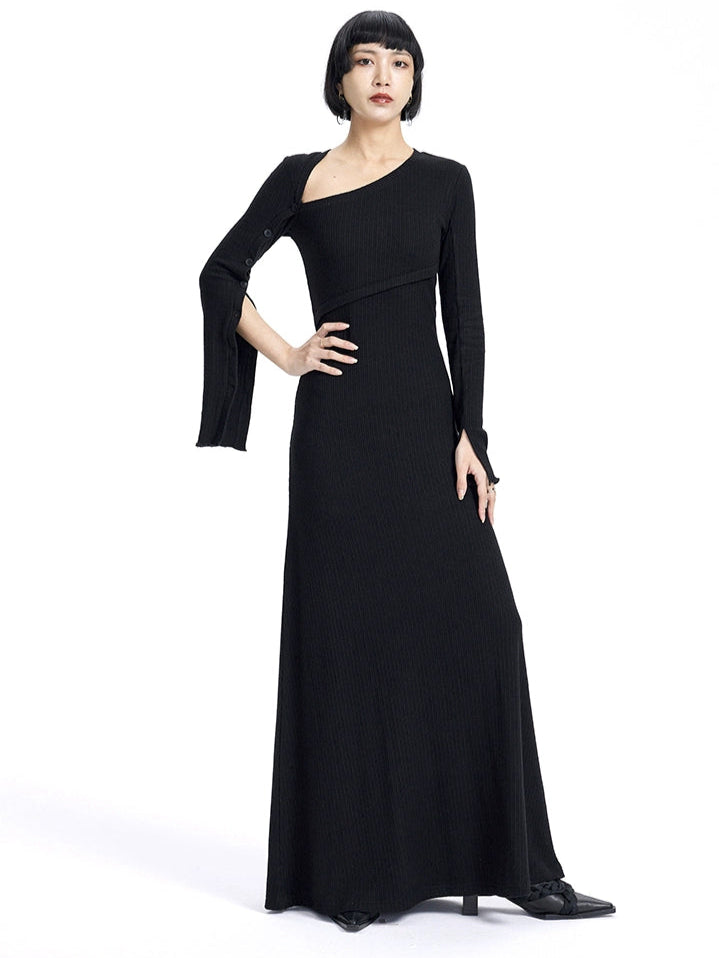 TINY IN knitted black slanted shoulder buttoned sleeves maxi dress-KURO