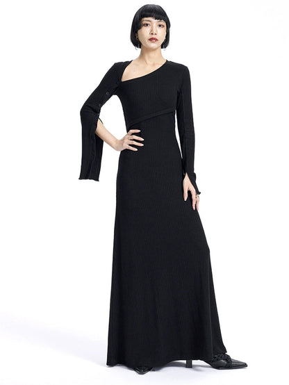 TINY IN knitted black slanted shoulder buttoned sleeves maxi dress-KURO