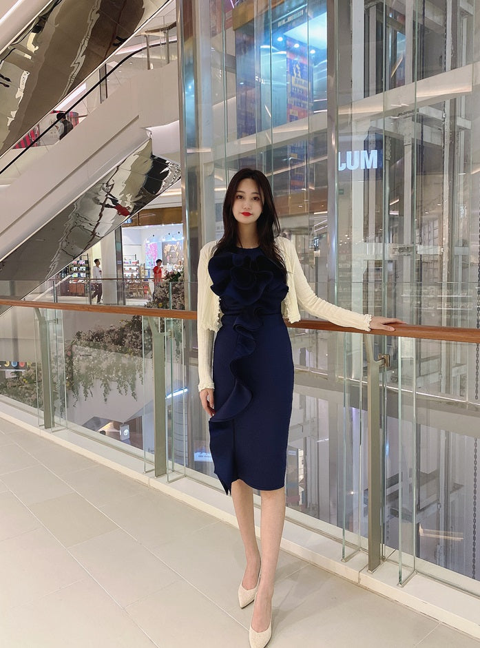 DOLLY Elegant French Style Sleeveless Ruffle Collar Slim Fit Midi Cocktail Dress-BANNIE