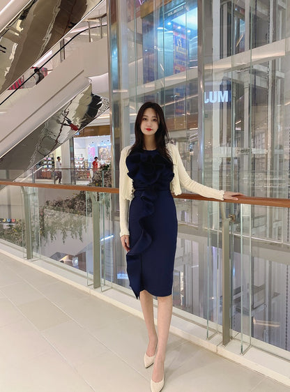 DOLLY Elegant French Style Sleeveless Ruffle Collar Slim Fit Midi Cocktail Dress-BANNIE