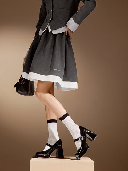 pjjuu Black Platform thick-soled square block heel leather MaryJane Shoes - Simona