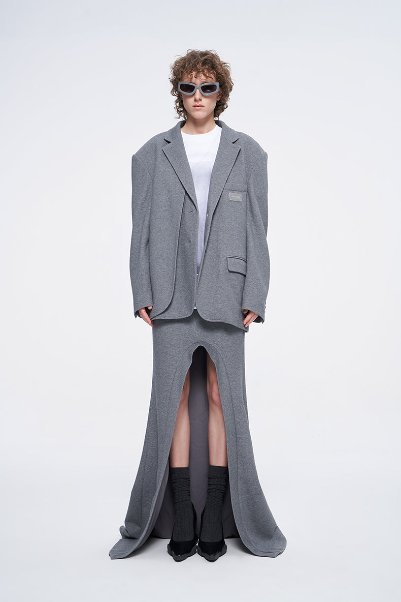 ANNAKIKI Designer Curved Casual Sweat Slit Maxi Skirt-FUKU