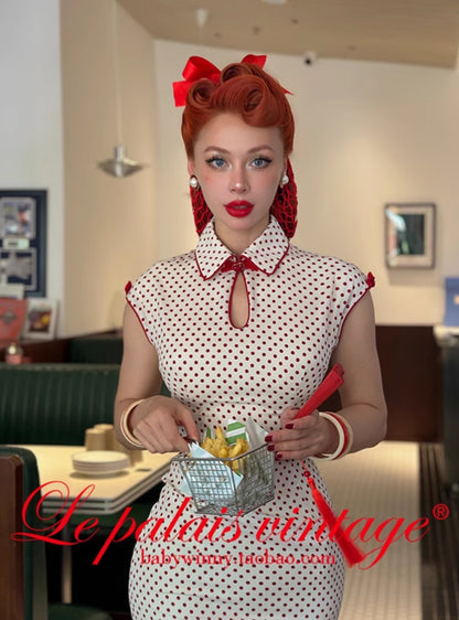 Le Palais Vintage  Elegant Red and White Polka Dot Slim Hong Kong Style Fishtail Dress-KONG
