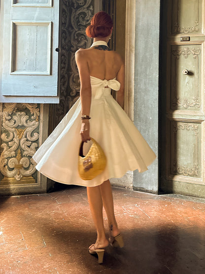 Le Palais Vintage Elegant Pure White Cotton and Linen Halter neck Vest High Waist Swing Skirt-MIA