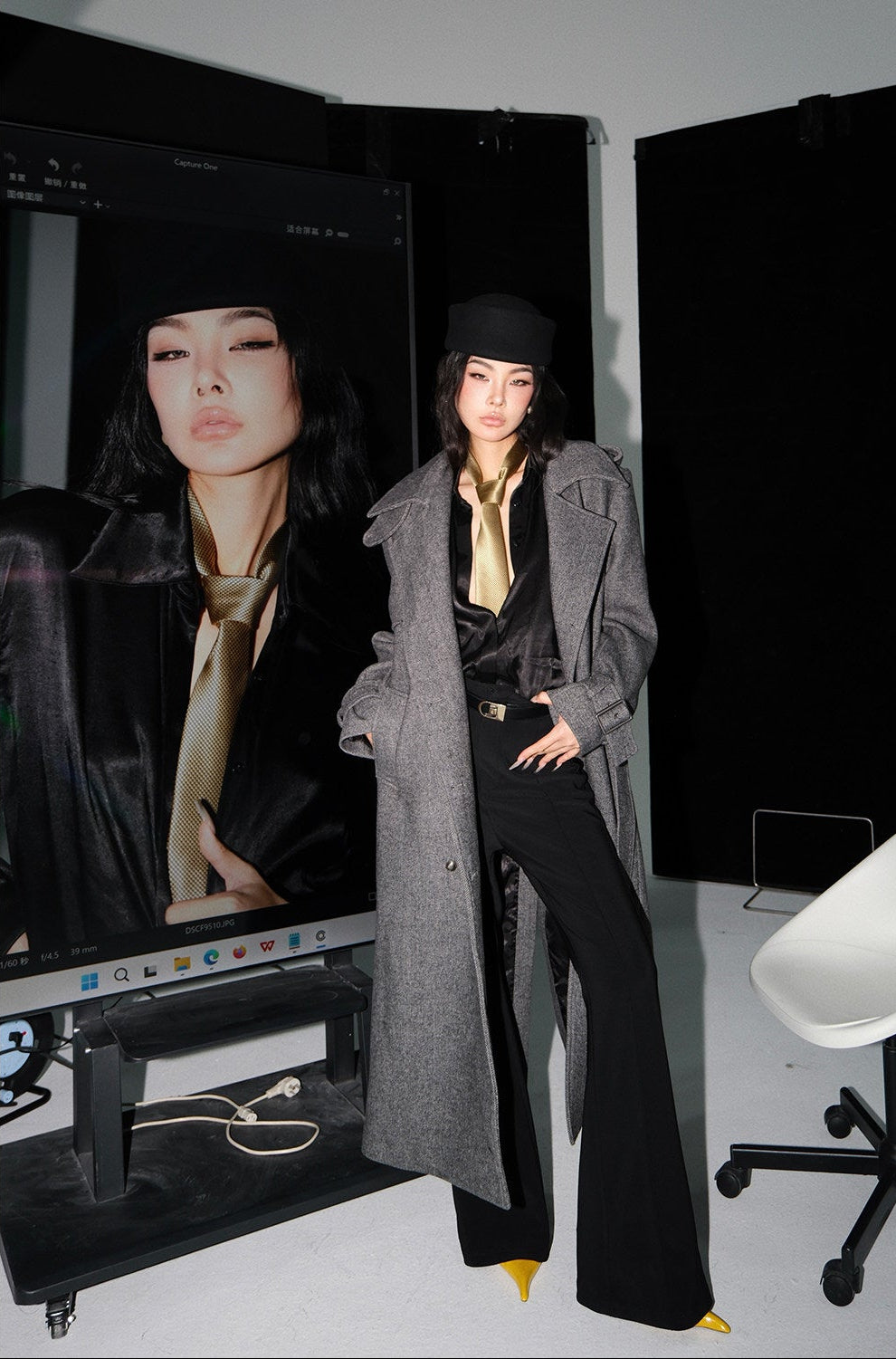 MEI SANGUAN gray double-breasted shoulder pads woolen jacket - KAIA