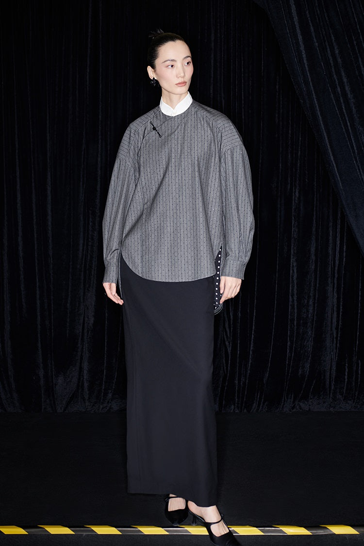 M essential Mackay designer sand diamond grey stripe diamond buckle silhouette shirt - ESHE .