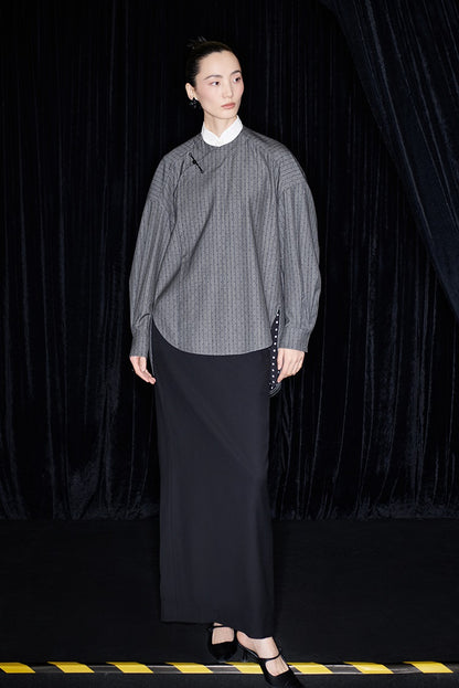 M essential Mackay designer sand diamond grey stripe diamond buckle silhouette shirt - ESHE .