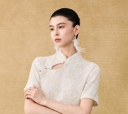 HECO Chinese style short-sleeved embossed flower summer cut-out short dress- TEMIRO.