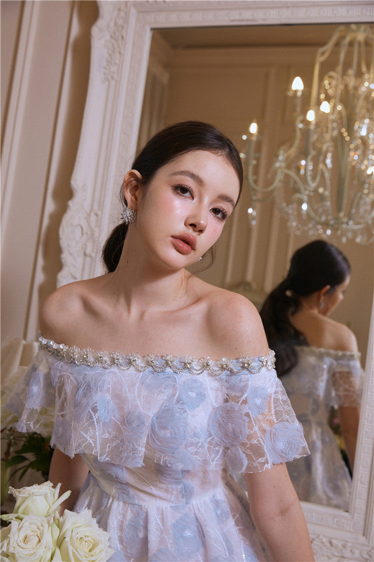 Wardrobes by Chen Luxury Sky Blue Off Shoulder Flower Wedding Dress-Athena