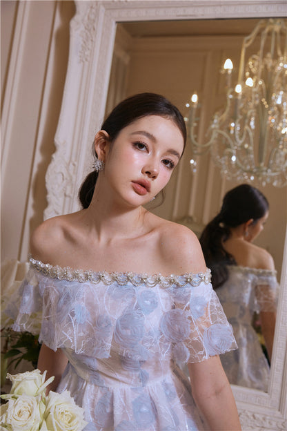 Wardrobes by Chen Luxury Sky Blue Off Shoulder Flower Wedding Dress-Athena