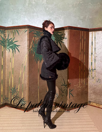 Le Palais Vintage Luxury Retro Black Cotton Short Fur Jacket + High Waist Skirt-Carla