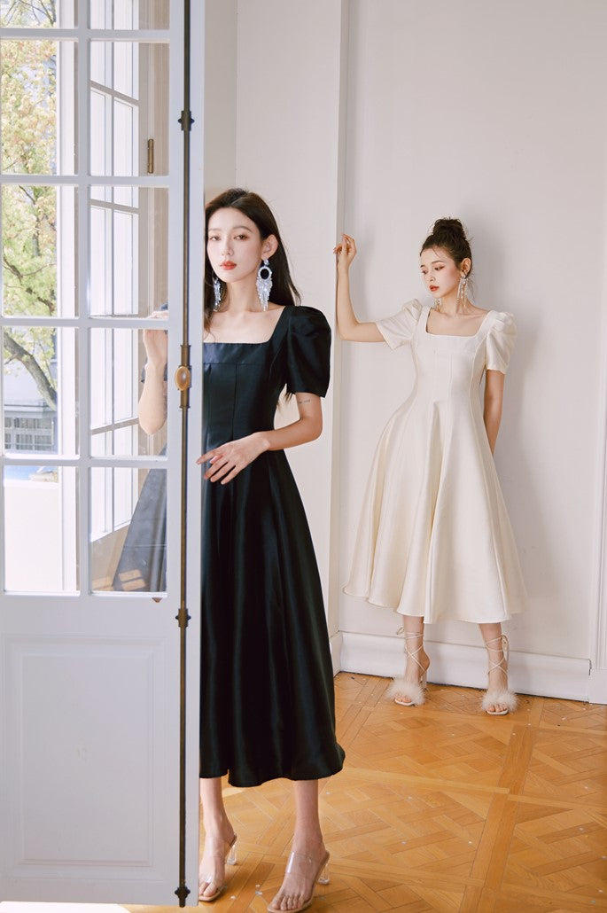 DOLLY Elegant Retro Square Neck Short Puff Sleeve Satin Long A-Line Dress-BAMBI