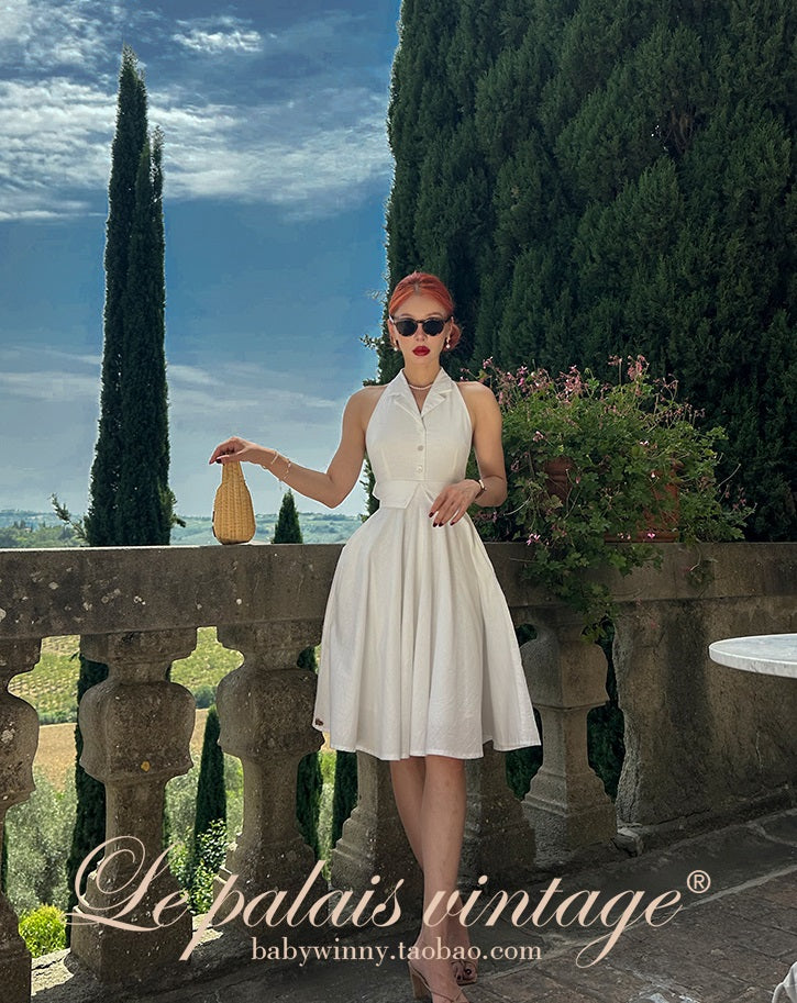 Le Palais Vintage Elegant Pure White Cotton and Linen Halter neck Vest High Waist Swing Skirt-MIA