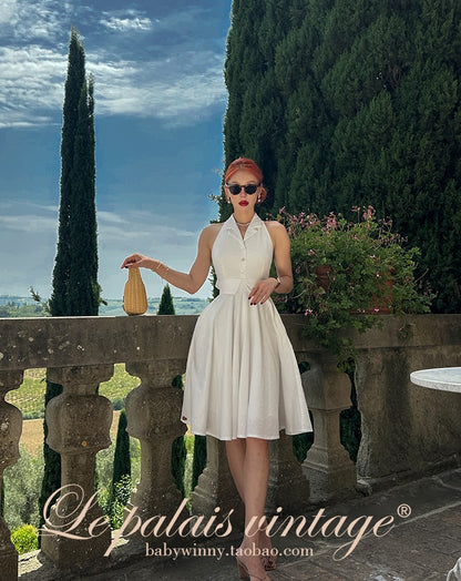 Le Palais Vintage Elegant Pure White Cotton and Linen Halter neck Vest High Waist Swing Skirt-MIA