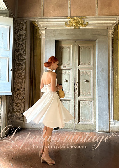 Le Palais Vintage Elegant Pure White Cotton and Linen Halter neck Vest High Waist Swing Skirt-MIA