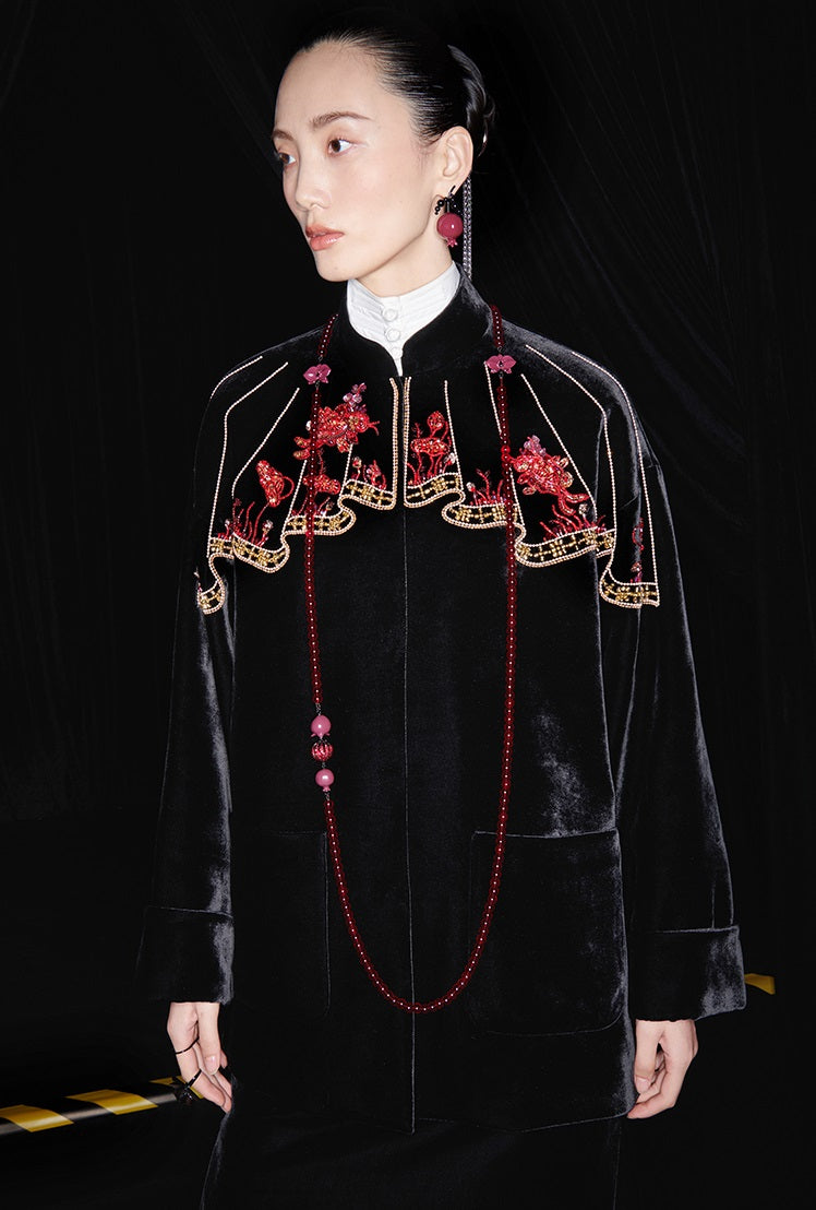 M essential Mackay designer silk velvet two-dimensional fish algae curtain bead jacket - BIDING.