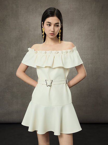 HECO Off Shoulder Ruffle Short Cinched Waist Dress  - SECRET.