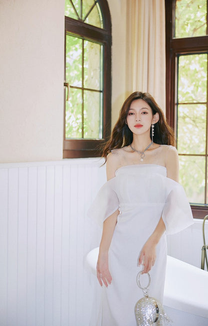 DOLLY Elegant Ruffled Off Shoulder Chest Wrap Long Fish Tail Banquet Dress-KALYA