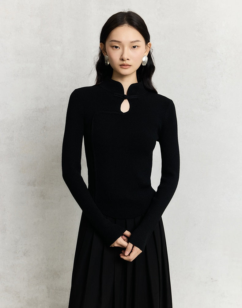 HECO Cheongsam Collar Hollow Buckle red black apricot Knitwear Slim Bottom - whom.