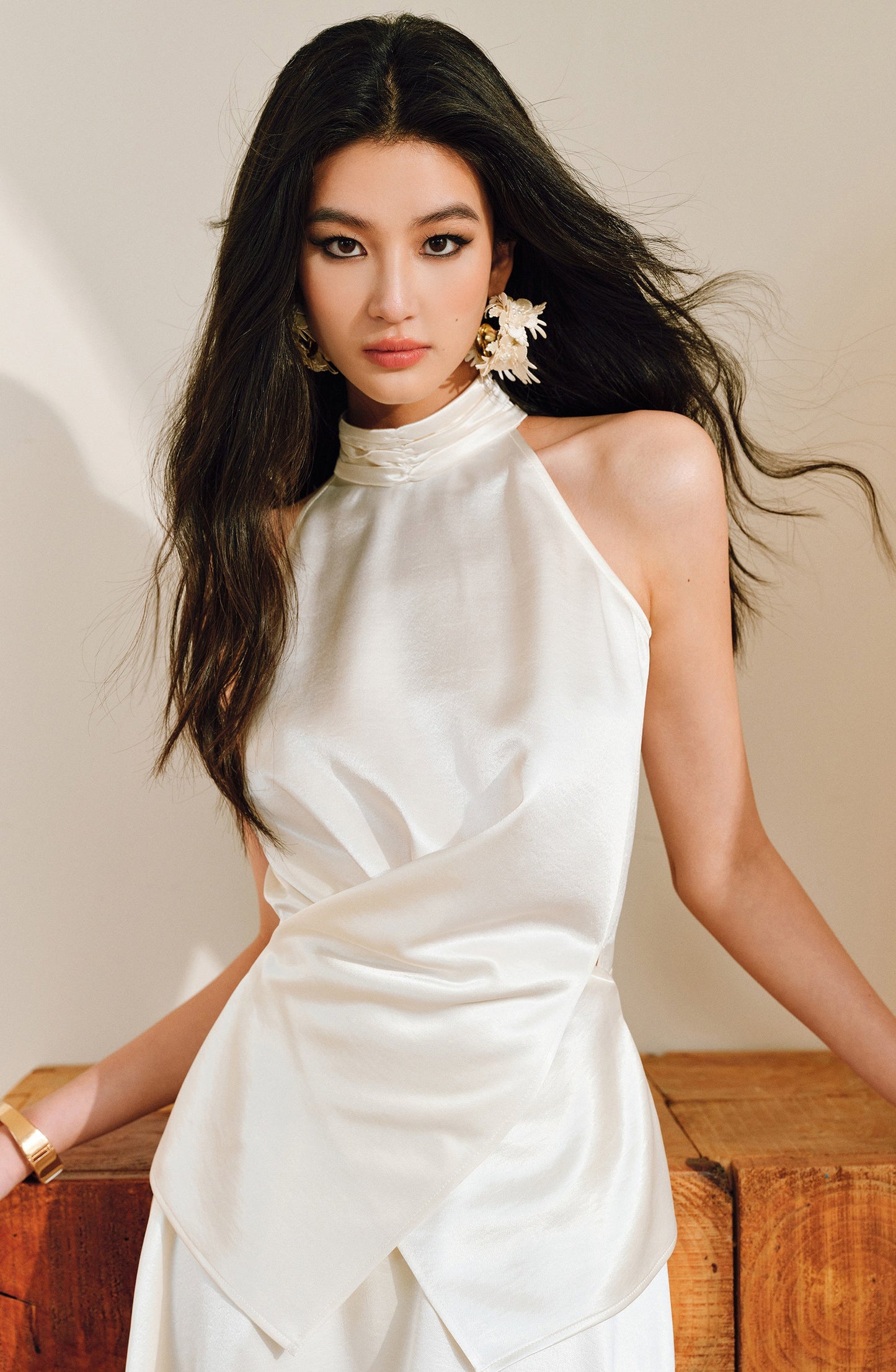 WANGXO | Pearl Lustrous Luxury Gilt Satin  Halterneck Folded Waist Top & High-Waisted Umbrella Skirt Set - ARIA
